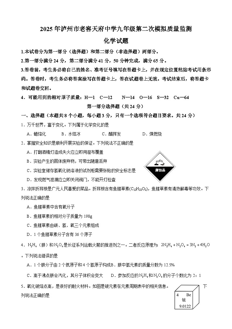 四川省泸州市泸州老窖天府中学2025届中考二模 化学试题第1页