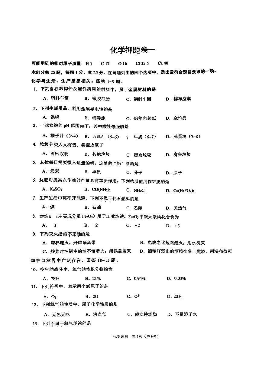 2025北京人大附中朝阳学校初三押题卷化学一试卷第1页