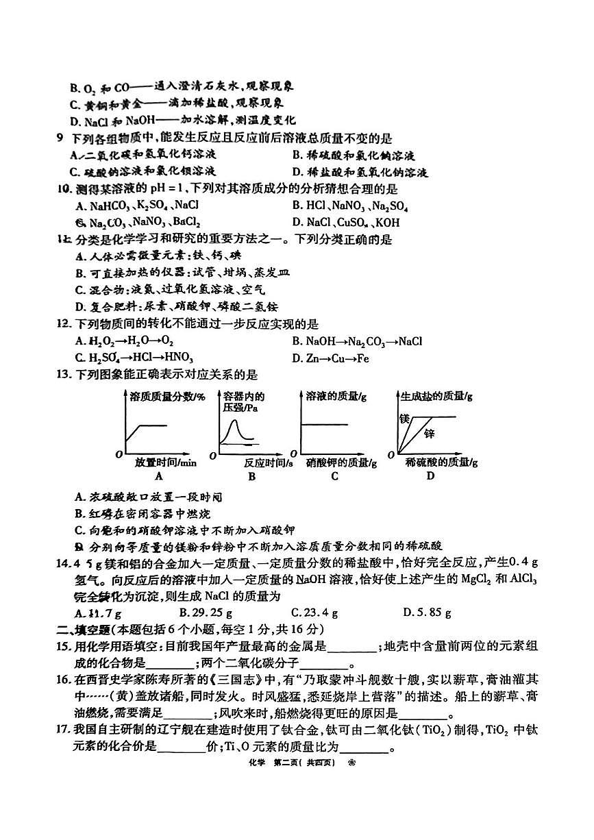2025年河南省鹤壁市中考一模考试化学试题（中考模拟）第2页
