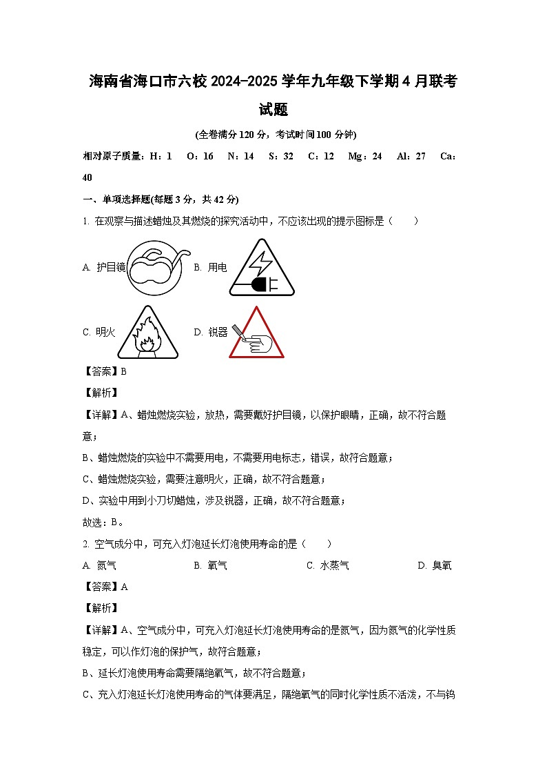 海南省海口市六校2024-2025学年九年级下学期4月联考化学试卷（解析版）第1页