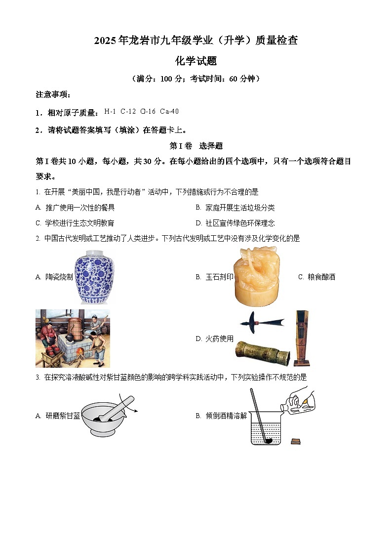 2025年福建省龙岩市初中毕业班教学质量检测化学试题（中考模拟）第1页