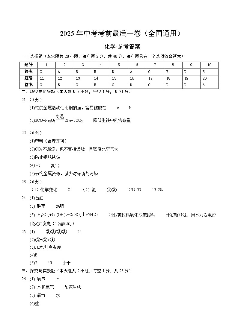 化学（全国通用）（参考答案及评分标准）第1页
