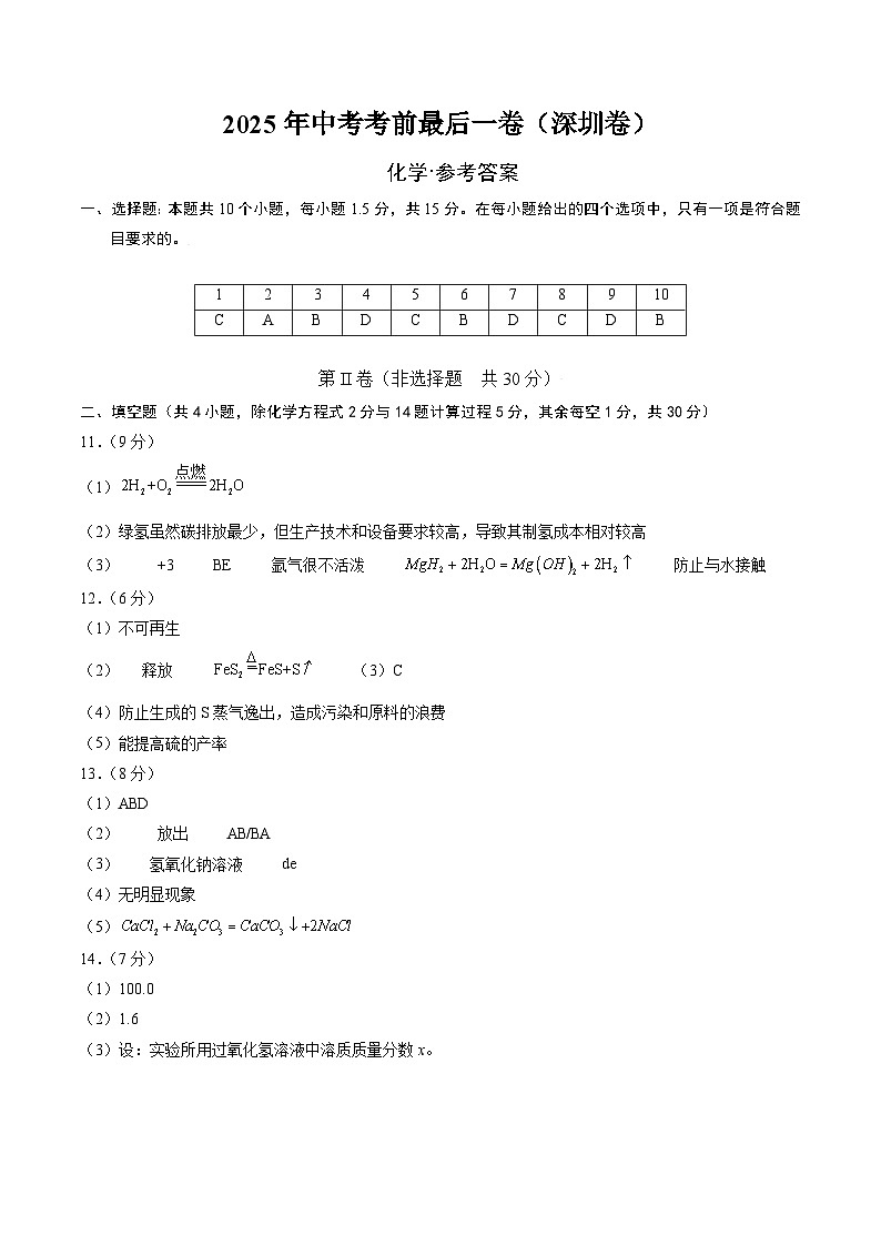 化学（深圳卷）（参考答案）第1页