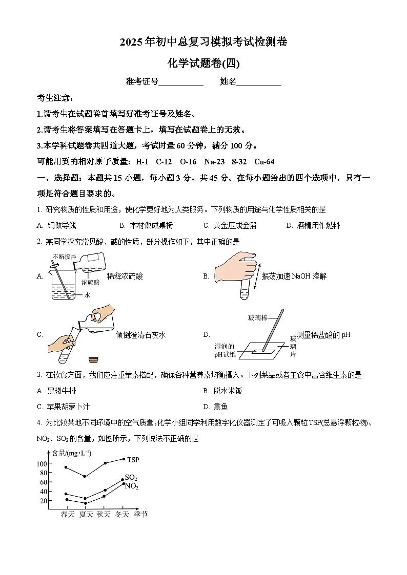2025年湖南省张家界市桑植县中考二模化学试题（中考模拟）第1页
