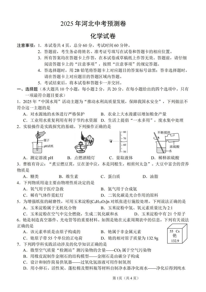 2025年河北省石家庄市四区联考模拟考试九年级化学试题第1页
