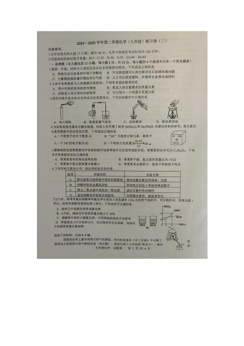 2025年合肥市新站区九年级二模化学试卷第1页