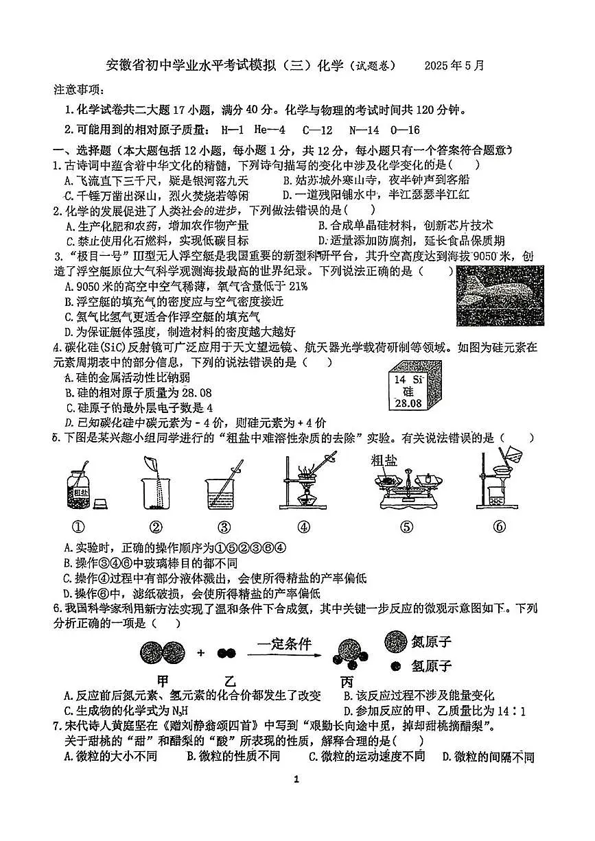 2025年安徽省合肥市寿春中学（南国）中考三模化学卷（中考模拟）第1页