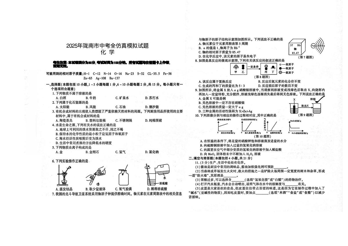 2025年甘肃省陇南市康县大堡镇初级中学中考第四次模拟预测化学试题（中考模拟）第1页