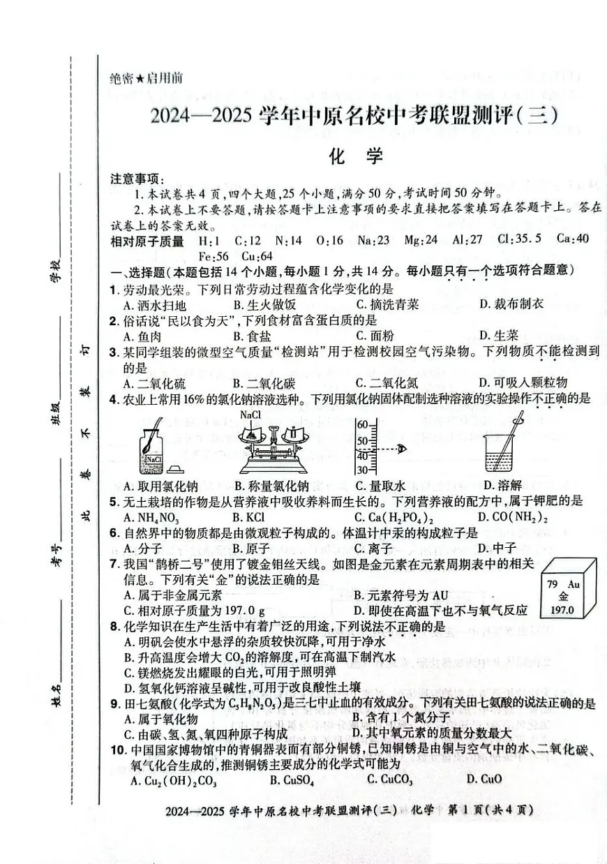 2025年河南省中原名校中考联盟中考三模化学试卷（中考模拟）第1页