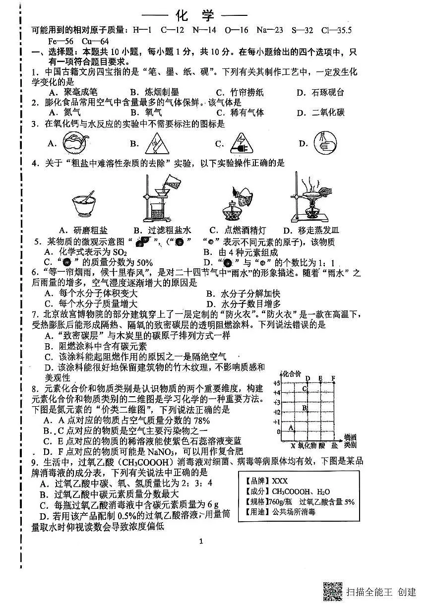 2025年吉林省长春市吉林大学附属中学中考模拟预测化学试题（中考模拟）第1页