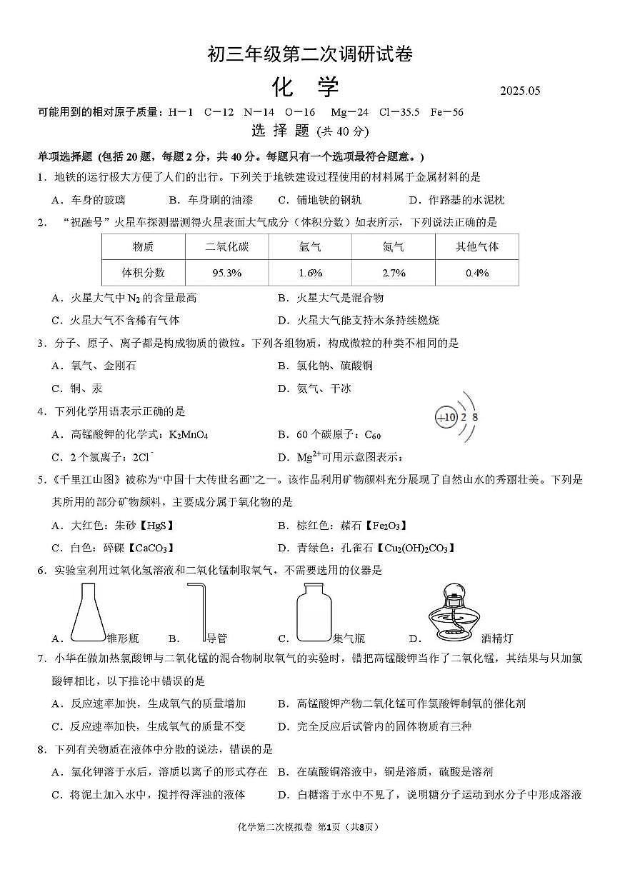 2025年江苏省苏州市区部分学校中考第二次模拟考试化学试题（中考模拟）第1页