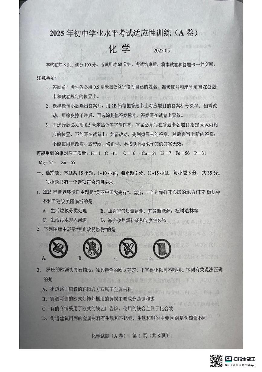 2025年山东省临沂市罗庄区中考二模化学试题（中考模拟）第1页