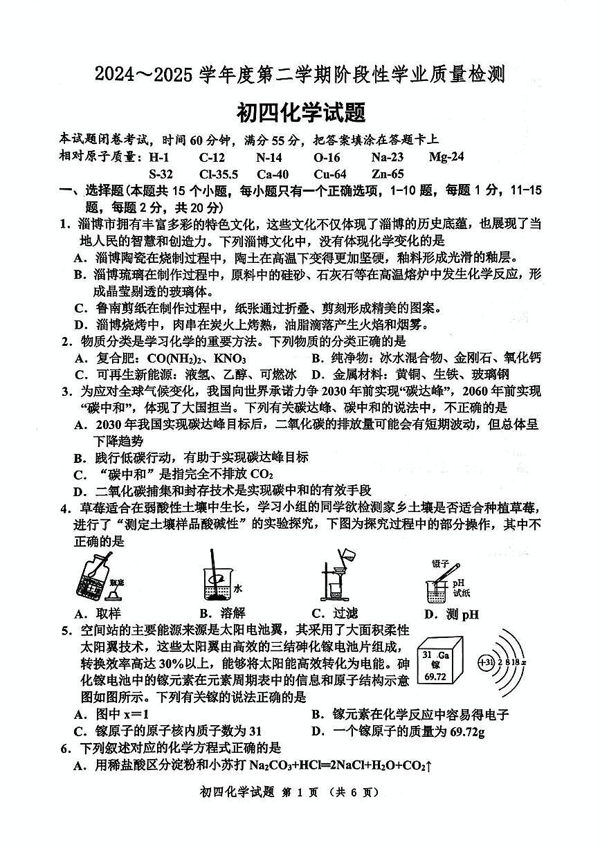 2025年山东省淄博市高新区中考二模化学试卷（中考模拟）第1页