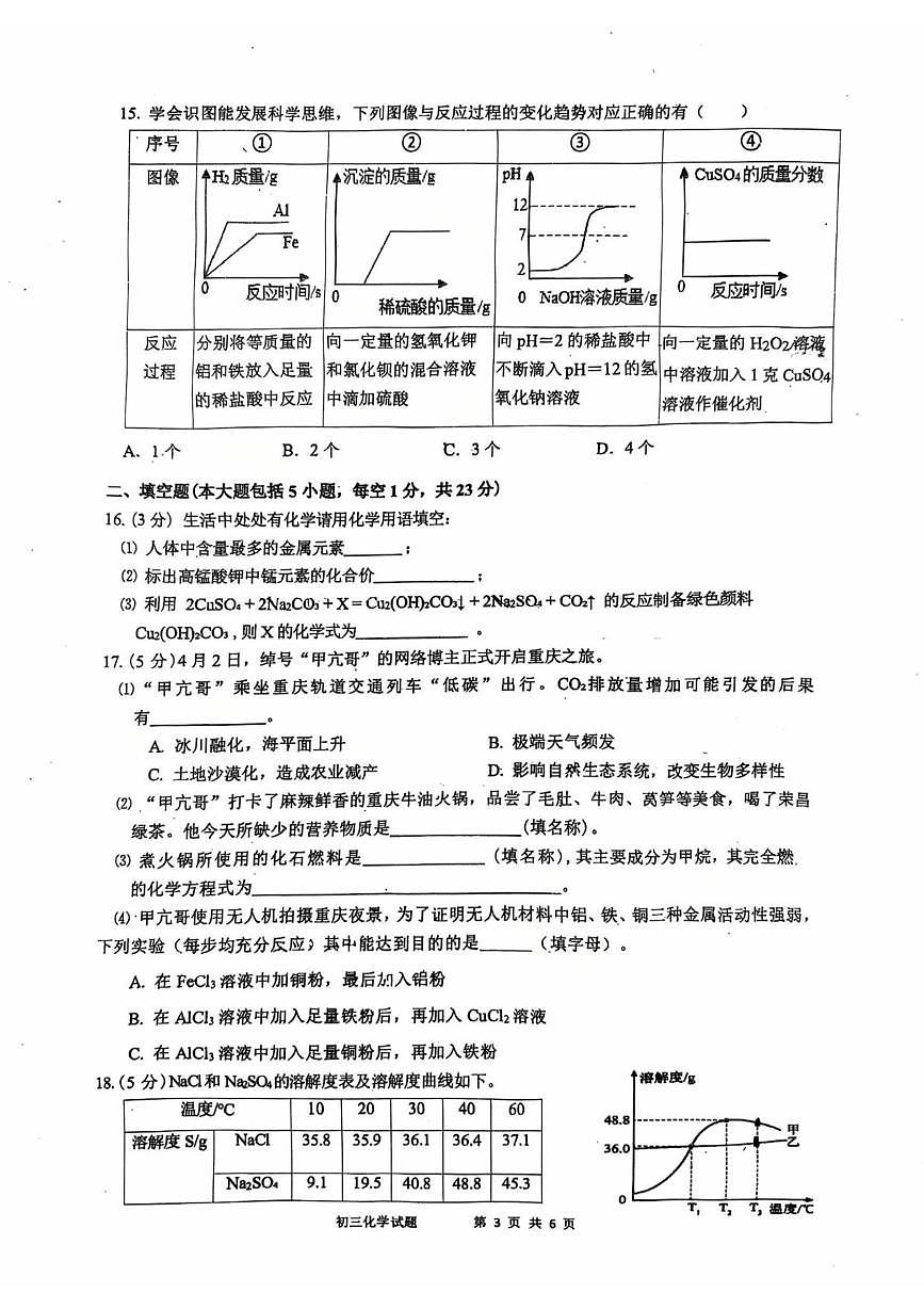 2025年重庆市第九十五初级中学校中考第三次模拟考试化学试题（中考模拟）第3页
