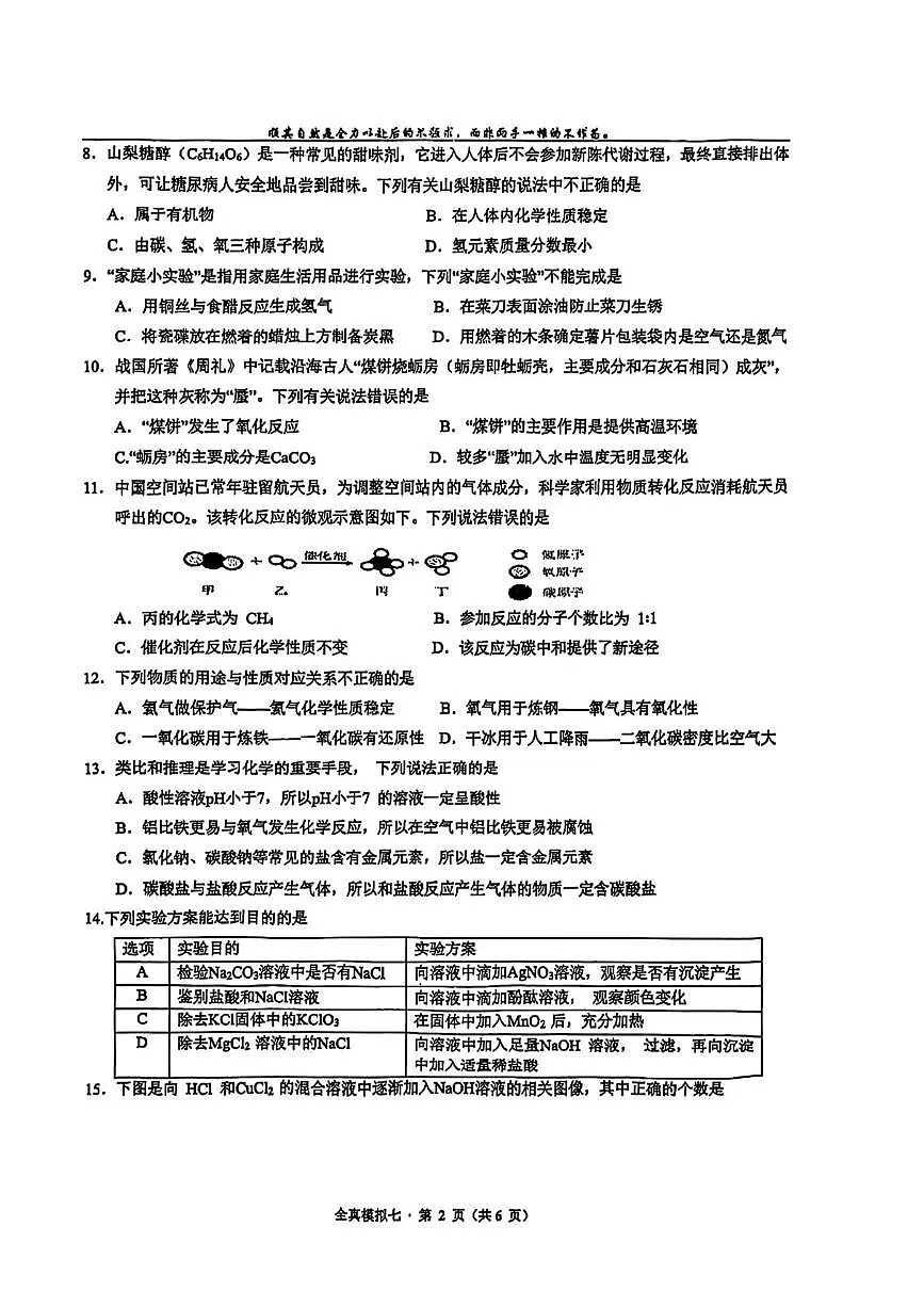 2025年重庆市第一中学中考全真模拟（七)化学试题（中考模拟）第2页