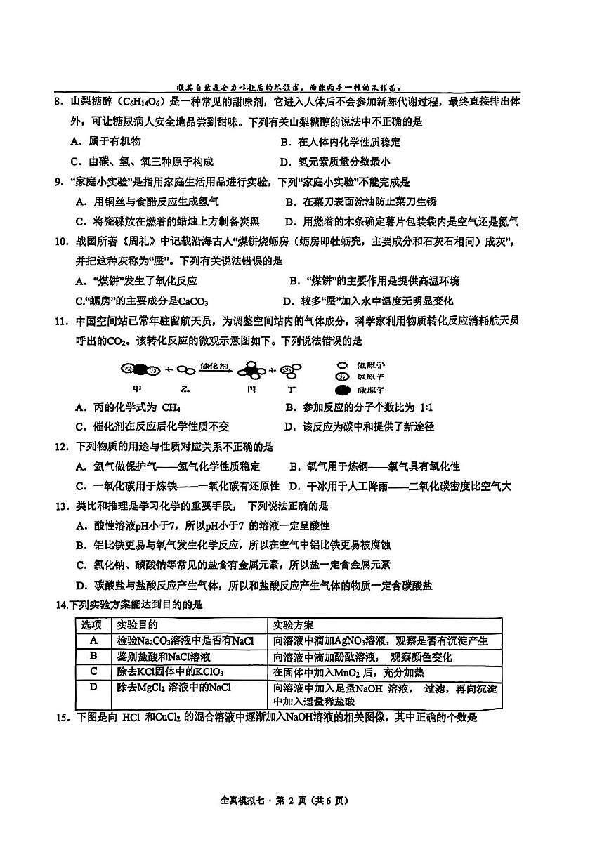 2025年重庆市第一中学中考全真模拟（七)化学试题（中考模拟）第2页