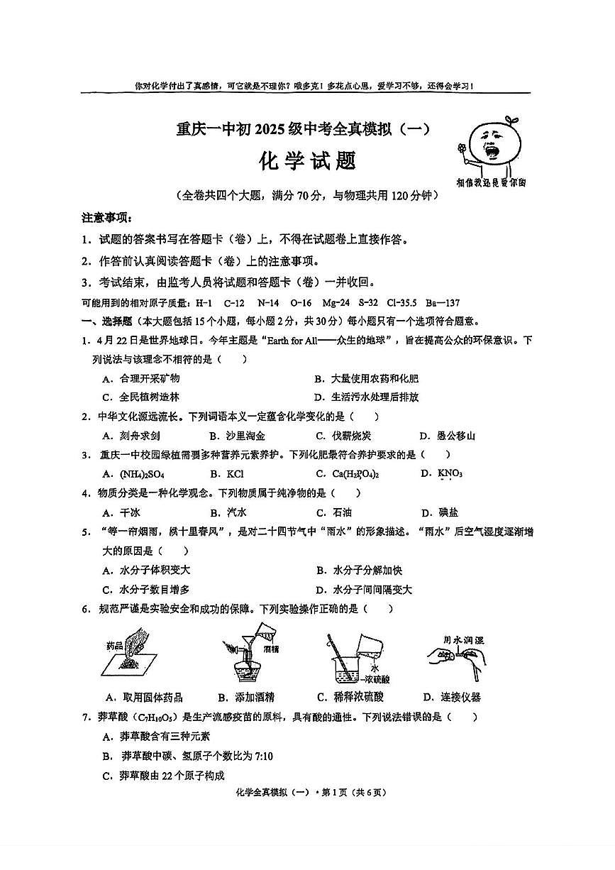2025年重庆市第一中学中考全真模拟（一)化学试题（中考模拟）第1页