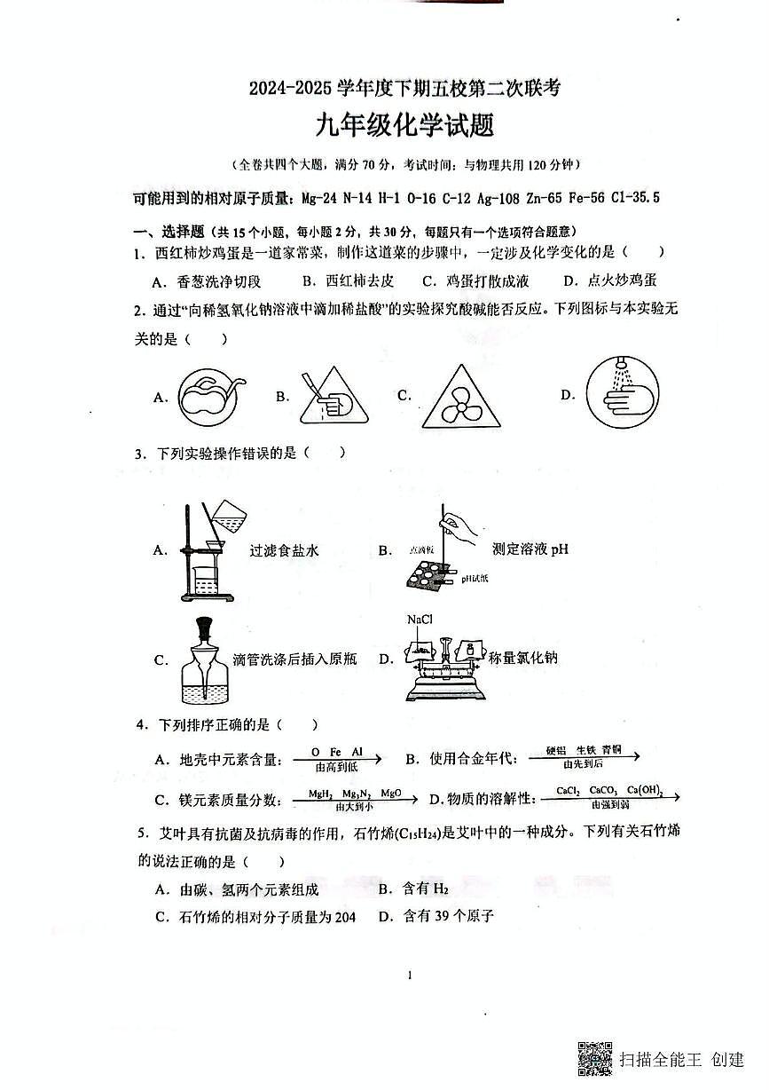 2025年重庆市江津实验中学、李市中学、白沙中学等五校第二次联考九年级化学试题（中考模拟）第1页