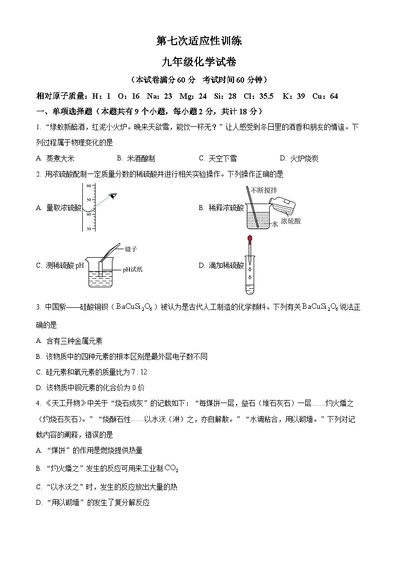 2025年陕西省西安工业大学附属中学中考七模化学试题（中考模拟）第1页