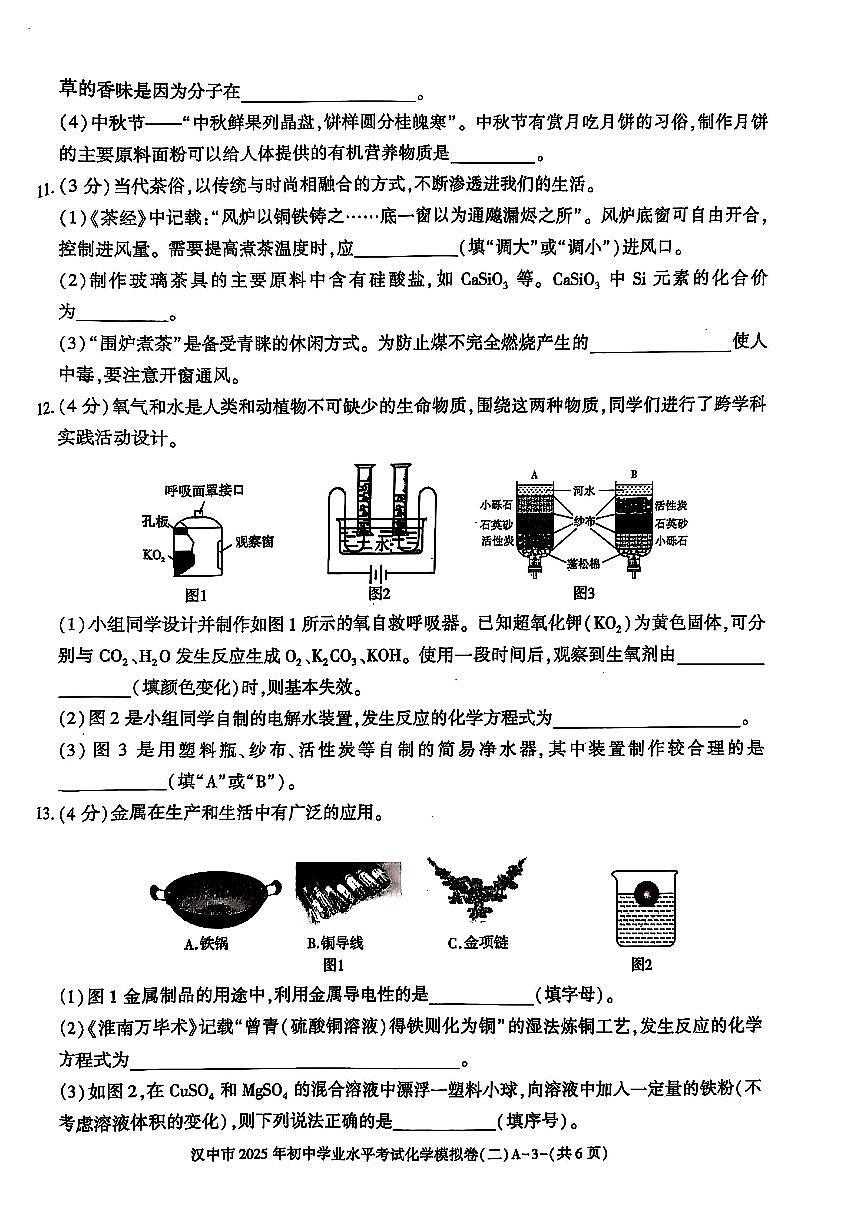 2025汉中市中考化学模拟试卷答案第3页