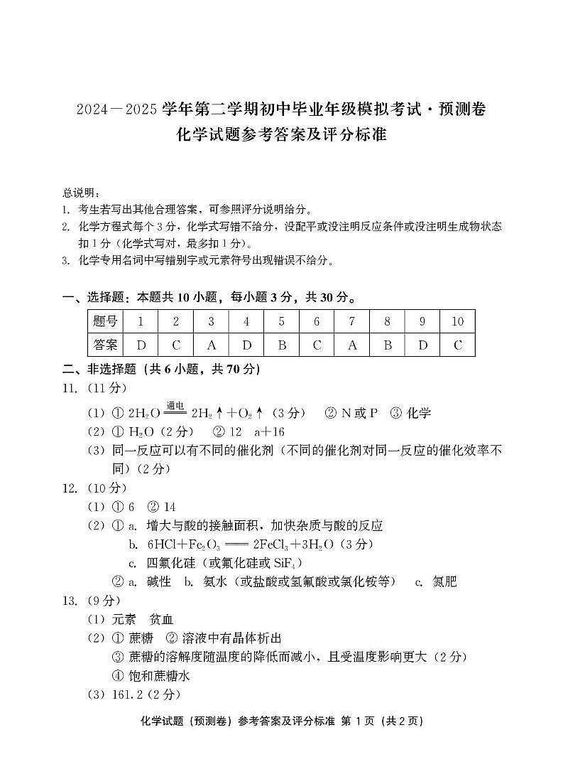 2025福建省初中百校联考预测卷化学 (化学)-预测卷（答案）(1)第1页