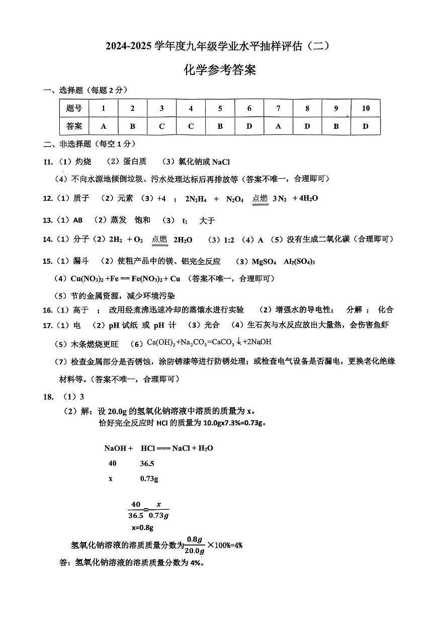 2025年九年级5月模拟(八)--化学 5月模拟八（路南二模）化学答案第1页