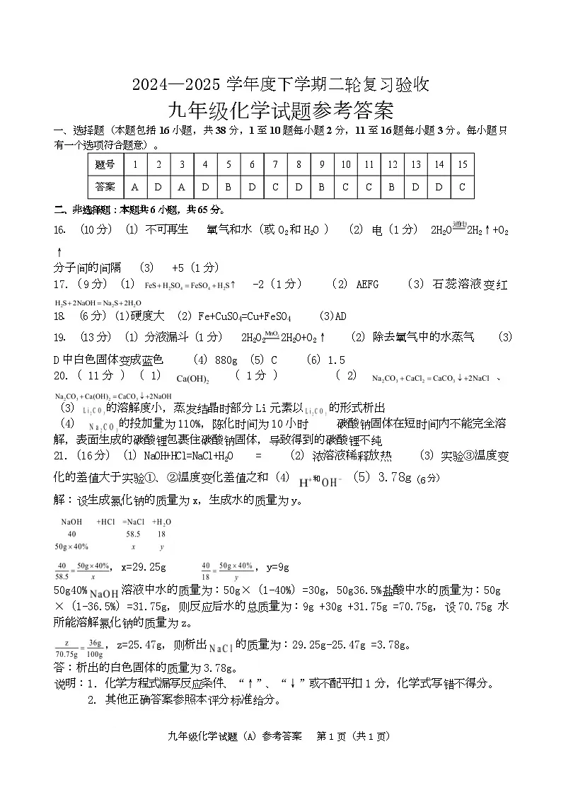 2025年山东省临沂市临沭县九年级二模化学试题答案第1页