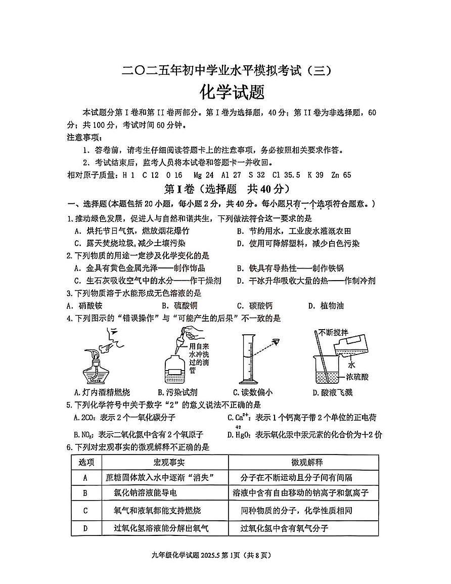 2025年泰安市东平中考三模化学试题 泰安市东平九年级三模化学试题第1页