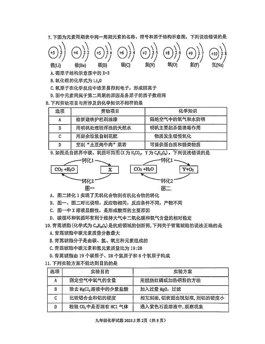 2025年泰安市东平中考三模化学试题 泰安市东平九年级三模化学试题第2页