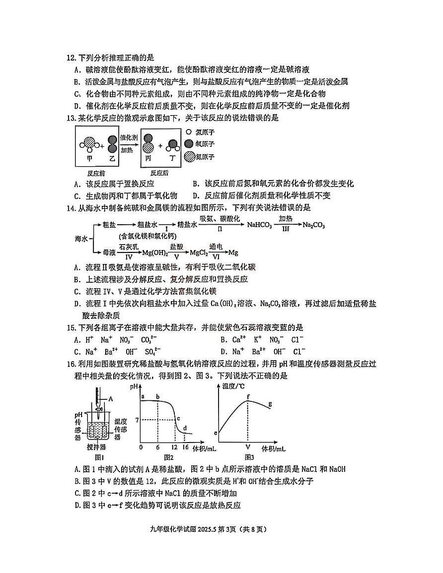 2025年泰安市东平中考三模化学试题 泰安市东平九年级三模化学试题第3页