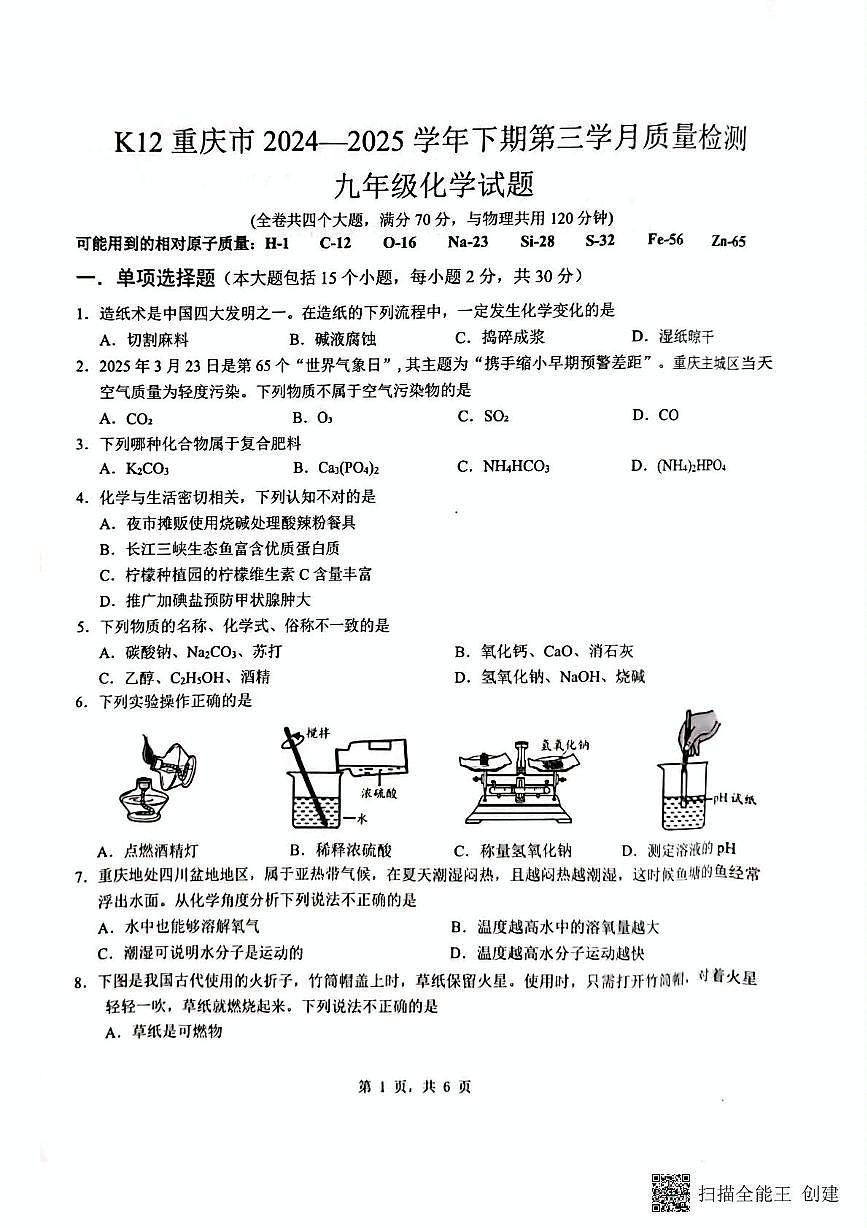 2025年重庆市实验中学教育集团9年级下期中考模拟化学试题 九年级化学试题第1页