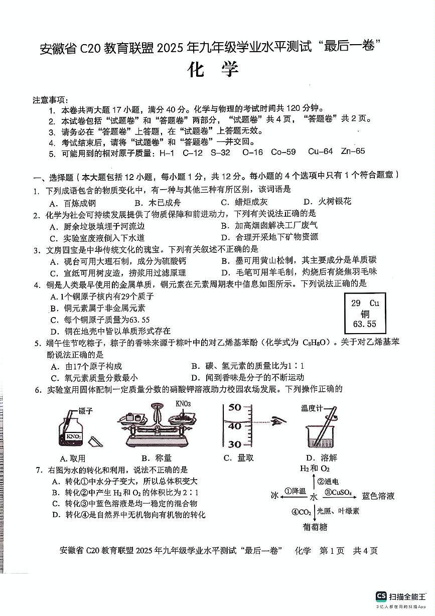 2025年安徽省C20教育联盟九年级学业水平测试最后一卷化学试题（中考模拟 ）第1页
