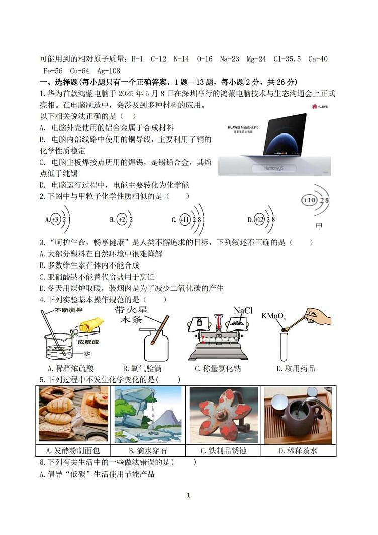 2025年黑龙江省哈尔滨市第六十九中学中考三模化学试题（中考模拟 ）第1页