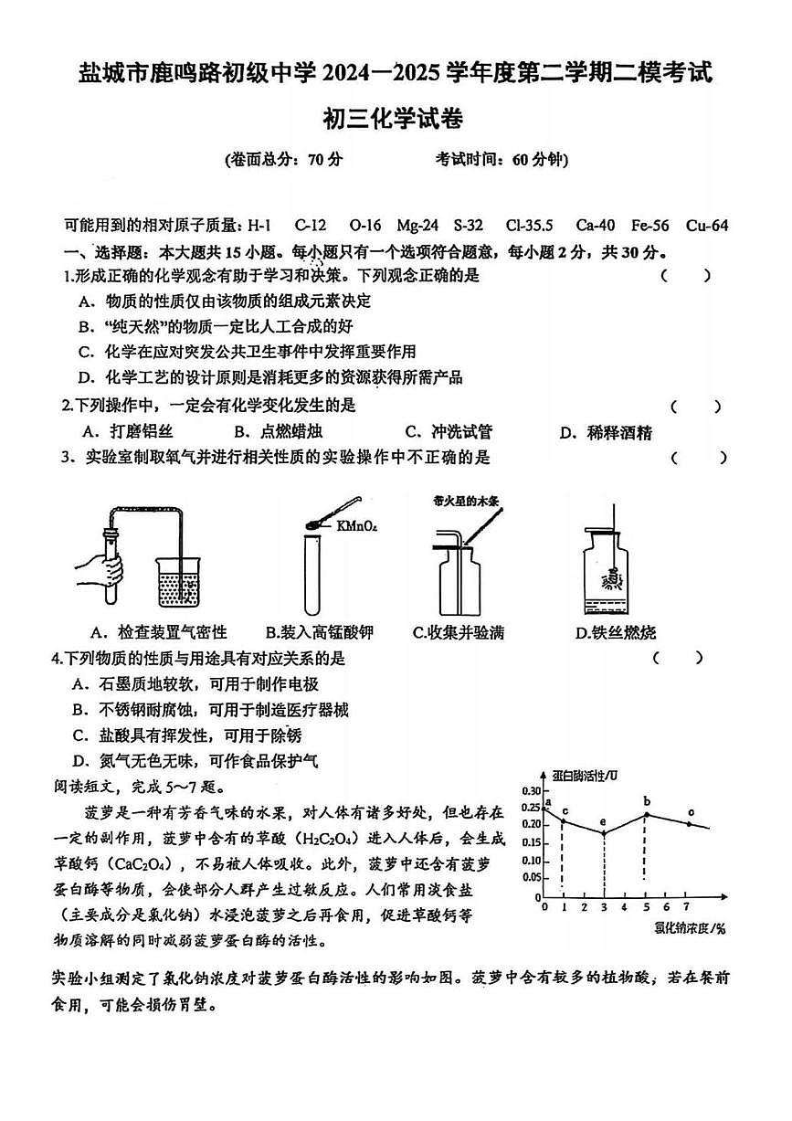 2025年江苏省盐城市鹿鸣路初级中学中考二模化学试卷（中考模拟 ）第1页