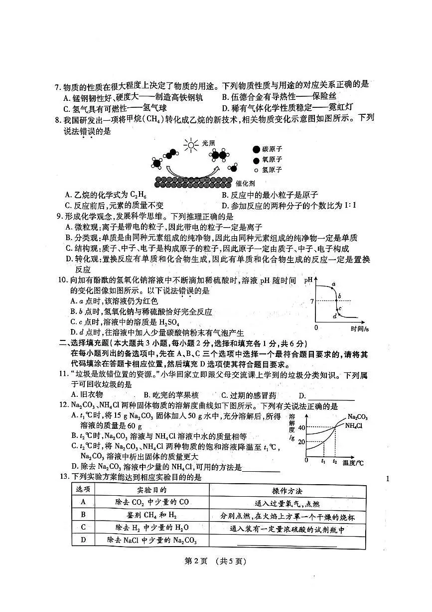 2025年江西省部分初中学校中考第二次学业水平检测化学试卷（中考模拟 ）第2页