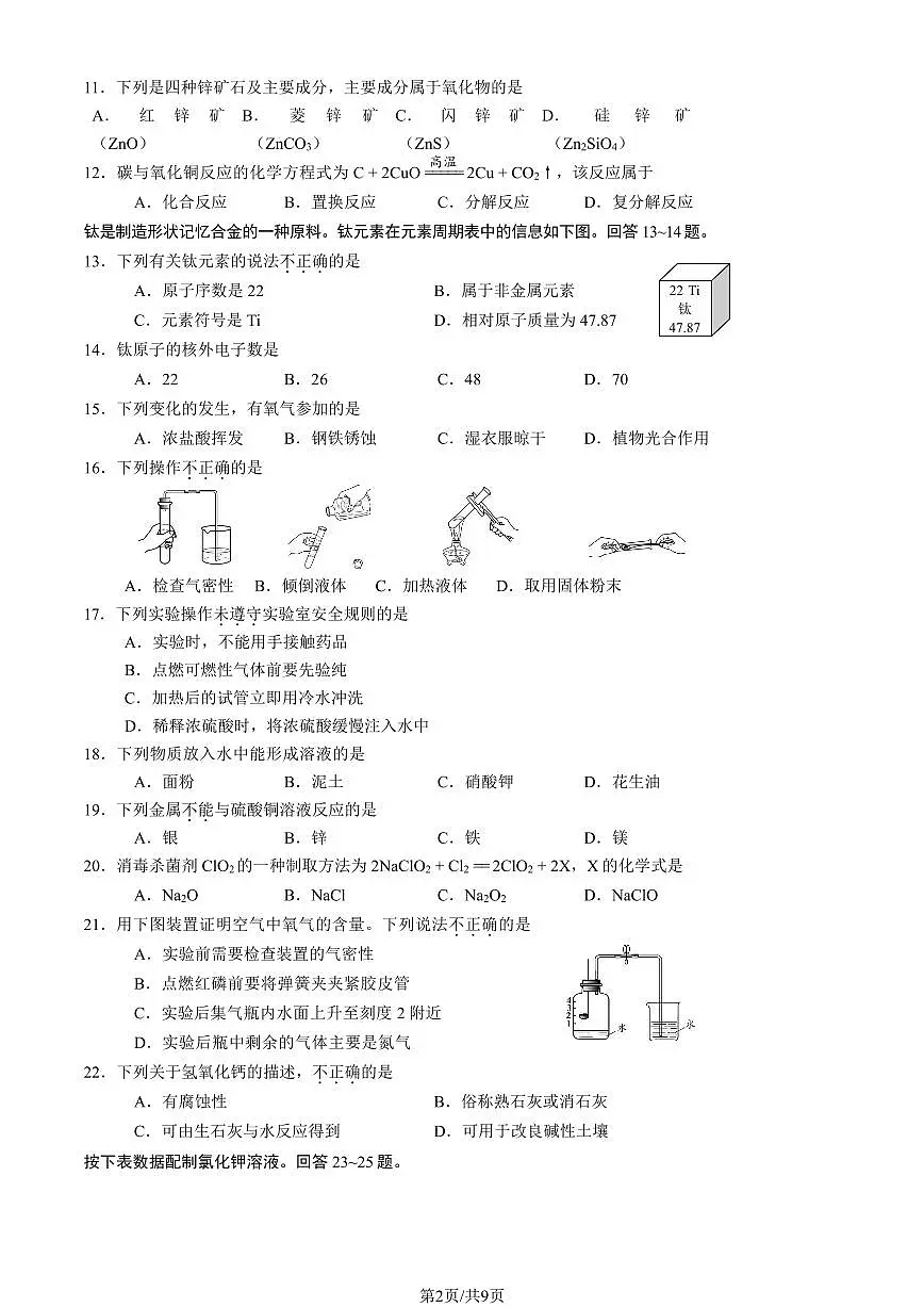 2023北京初三一模石景山区化学试卷（含答案）第2页