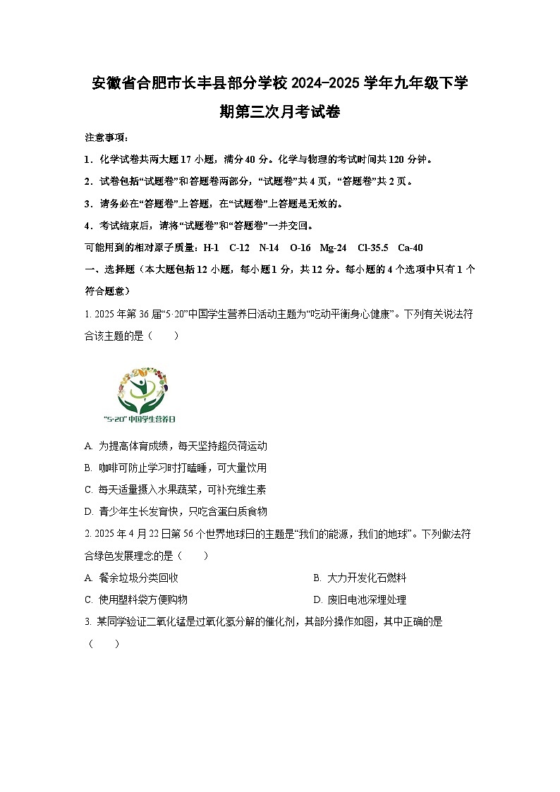 安徽省合肥市长丰县部分学校2024-2025学年九年级下学期第三次月考化学试卷第1页