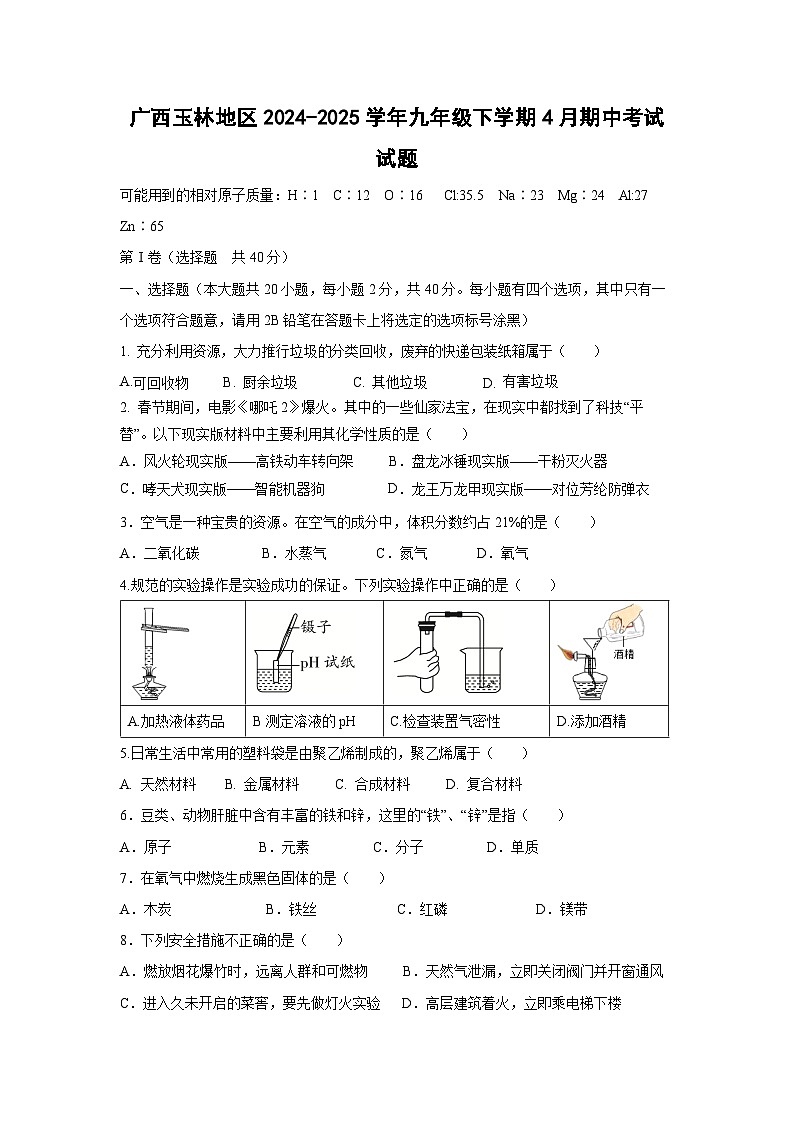 广西玉林地区2024-2025学年九年级下学期4月期中考试化学试卷第1页