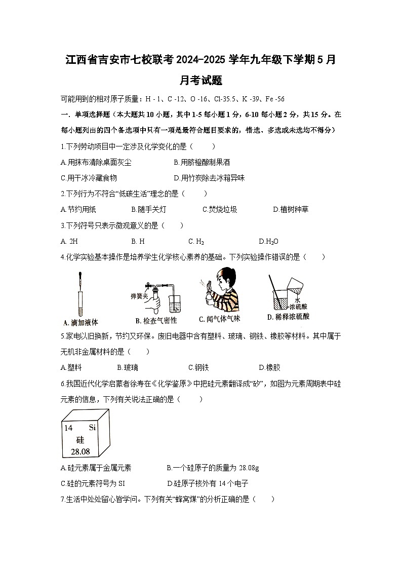 江西省吉安市七校联考2024-2025学年九年级下学期5月月考化学试卷第1页
