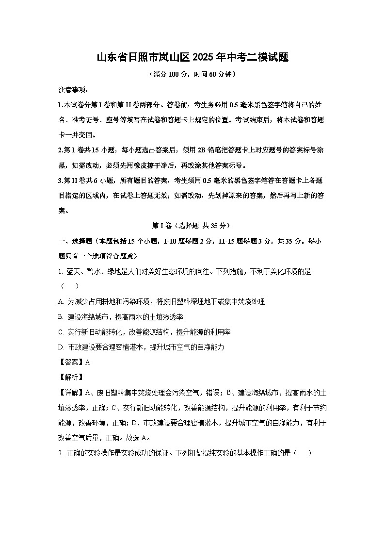 山东省日照市岚山区2025年中考二模化学试卷（解析版）第1页