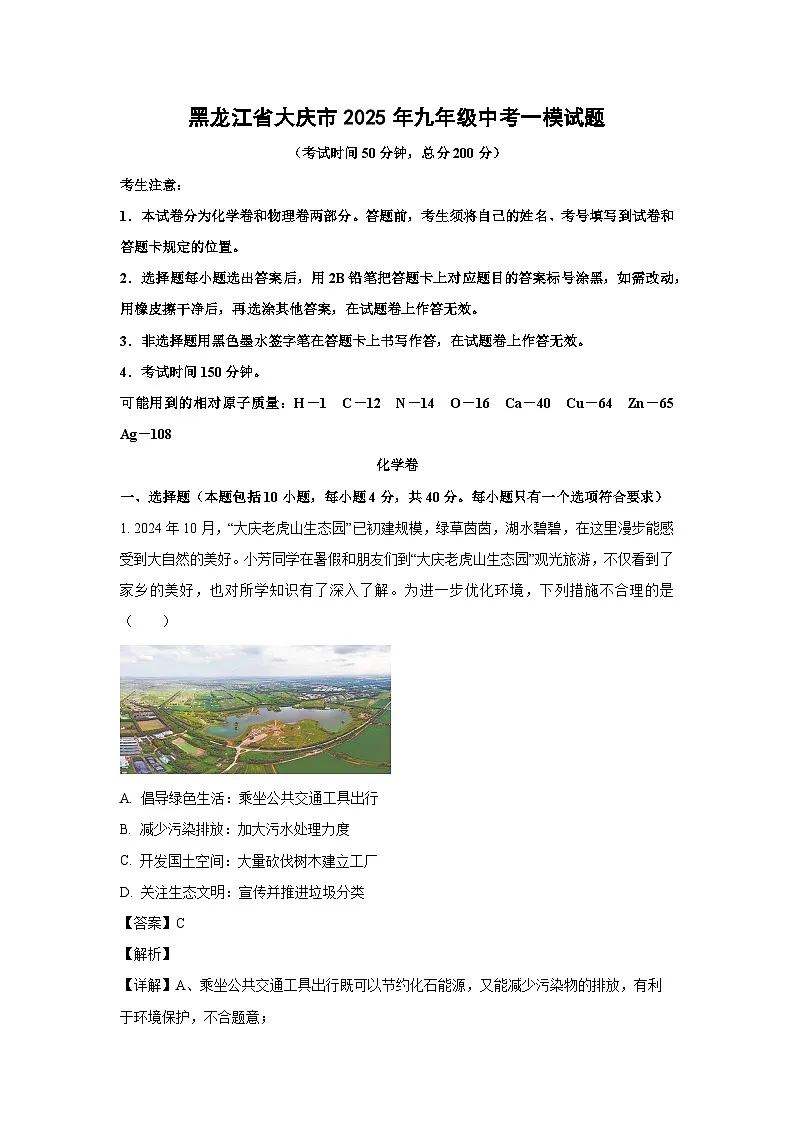 黑龙江省大庆市2025年九年级中考一模化学试卷（解析版）第1页