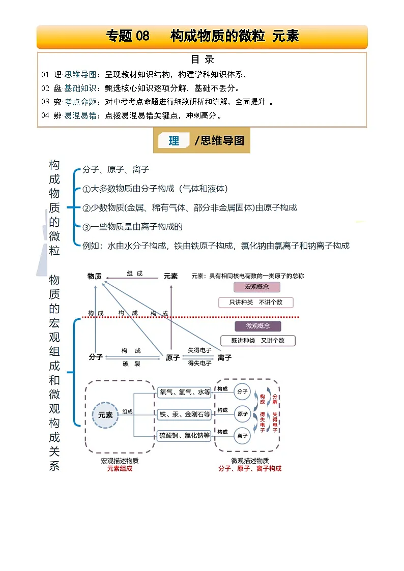 2025年中考化学专项复习讲义专题08 构成物质的微粒 元素(原卷版)第1页