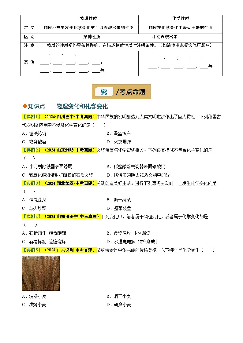 2025年中考化学专项复习讲义专题10 化学的变化和性质(原卷版)第3页