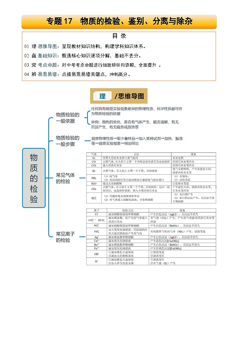 2025年中考化学专项复习讲义专题17 物质的检验、鉴别、分离与除杂(解析版)第1页