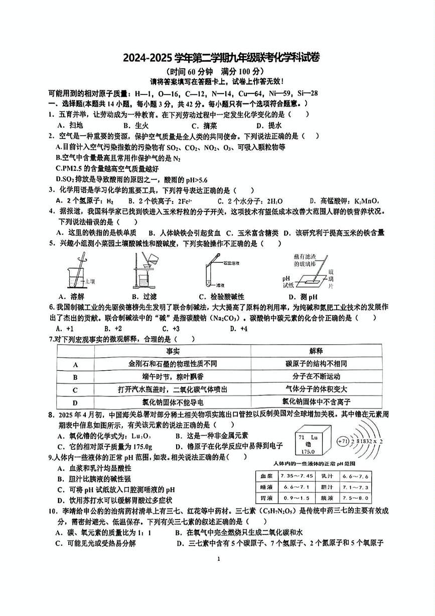 2025年海南省海南华侨中学五源河等学校中考第二次联考化学试题（中考模拟）第1页