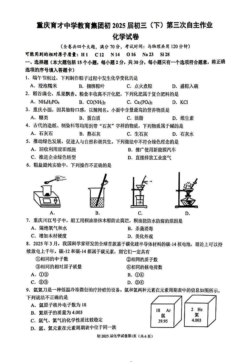 2025年重庆市育才中学教育集团中考三模化学试卷（中考模拟）第1页