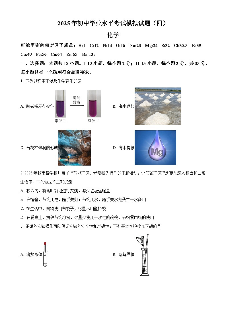 2025年山东省枣庄市滕州市初中学业水平考试模拟试题(四)化学试题（中考模拟）第1页