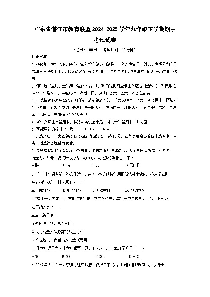 化学：广东省湛江市教育联盟2024-2025学年九年级下学期期中考试试卷第1页