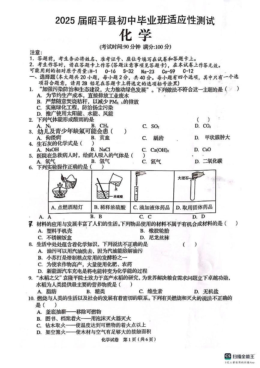 2025年广西壮族自治区贺州市昭平县中考三模化学试题（中考模拟）第1页