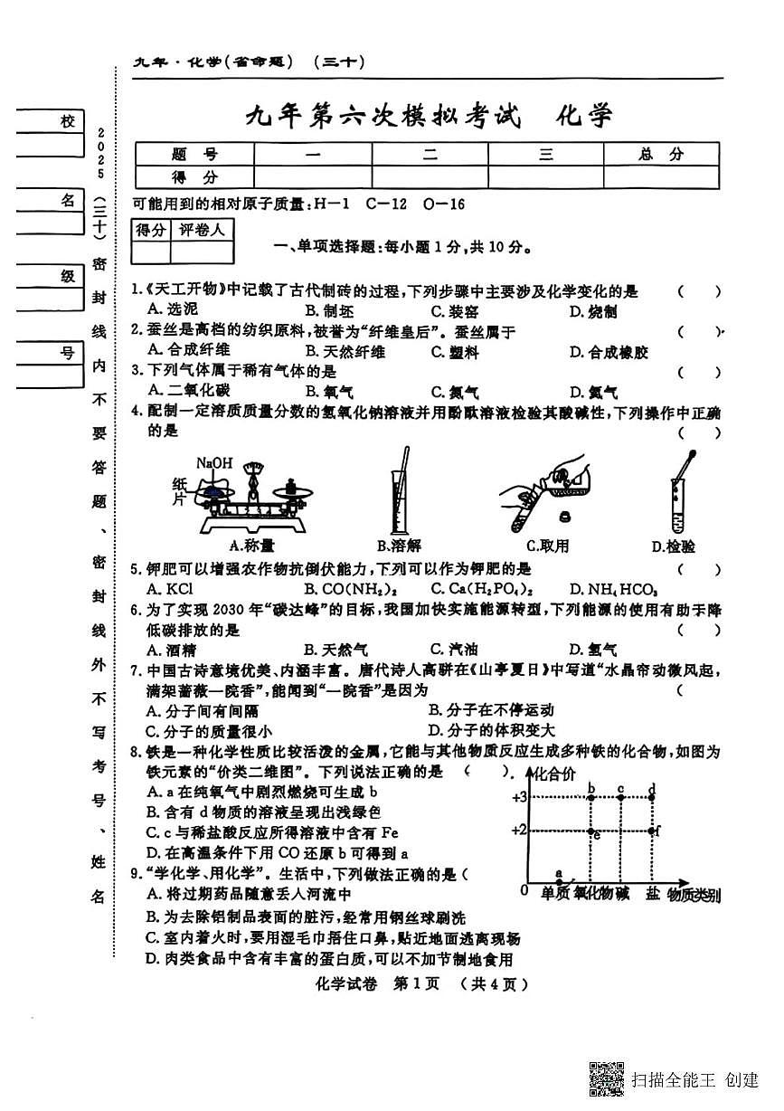 2025年吉林省松原市前郭县九年级第六次模拟考试化学试题（中考模拟）第1页